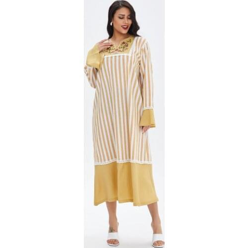 Abaya Dubai Maxi Bazin African Design Loose Dress Robe Gowns Muslim Lady Party European Clothes yellow and white color
