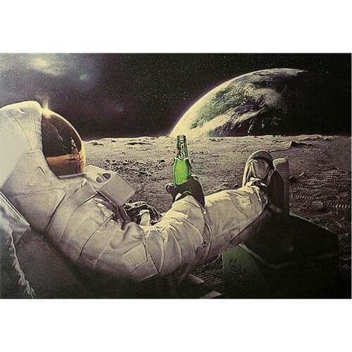 Astronaut on the Moon Relaxing with Beer Retro Fantasy Kraft Paper Poster Home Decor Art Wall Sticker Paster