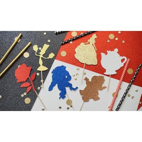 Glitter Beauty and the Beast wedding Christening birthday cupcake toppers baby shower party decoration doughnut food toothpicks