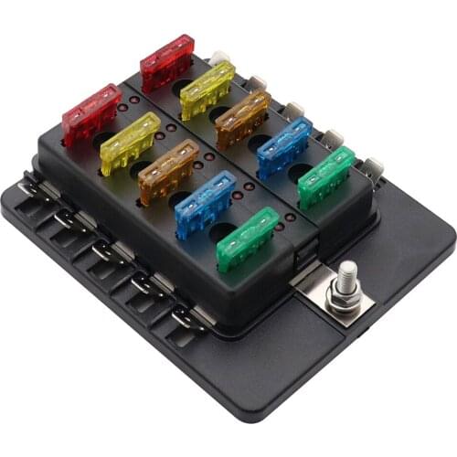 10 Way Blade Fuse Box Holder with LED Warning Light Kit for Car Boat Marine Trike 12V 24V 100A Car Trailer Auto Blade Fuse Box