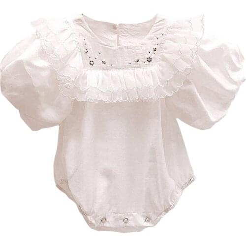 Newborn Toddler Girls Korean Version Embroidery Flower Cute Party Clothes Fashion Sweet Short-sleeve Lace Romper White Bebe 2021