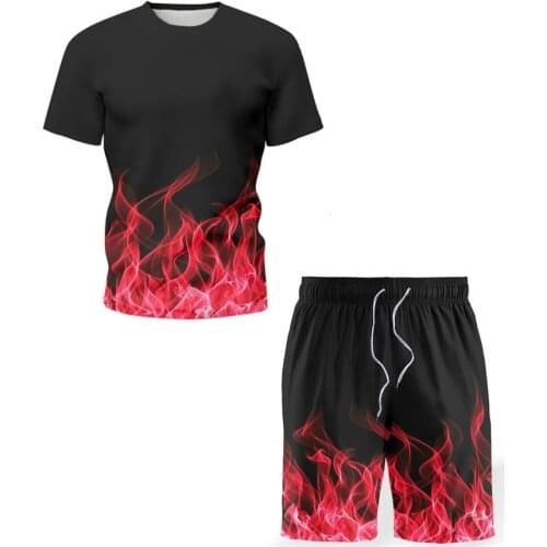 Tracksuit Sets Men Colorful Flame Fire T-shirt Shorts Two Piece Suit Oversized 6XL Casual Streetwear Male 2021 Summer Fashion