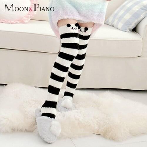 Coral Velvet Over Knee Long Socks Thick Warm Cute Funny Cartoon Animals Bear Lamb Fashion Striped Woman Sleeping At Home Sock