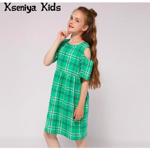 Kseniya Kids Summer Cotton Girl Plaid Dresses Off Shoulder Back V Neck Bow Kids Frocks