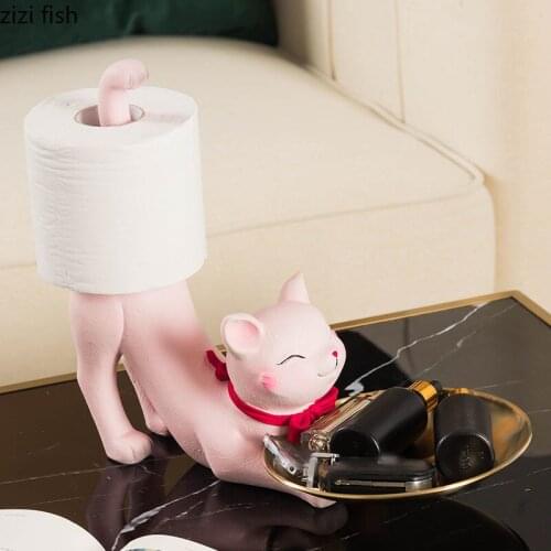 Cute Pink Cat Tissue Box Holder Home Storage Ornaments Desktop Paper Towel Holders Resin Kitten Statue Living Room Decoration