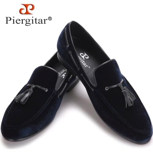 Navy Blue Leather Tassel Handmade Men Shoes Mens Party and Wedding Shoes Men Velvet Loafers Banquet Mens Flats Size US 4-17