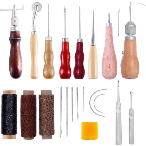 Leather Craft Punch Tools Kit Stitching Working Sewing Saddle Groover 50m Waxed Thread Cord Drilling Awl Thimble Leather Repair