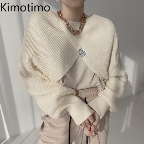 Kimotimo Autumn Cropped Sweater Women Korean Chic All-match Big Turn-down Collar Pullover Fashion Irregular Split Knitted Smock
