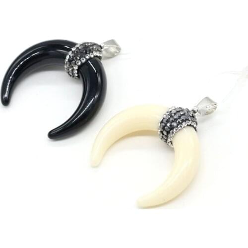 Natural Stone Crescent Shape Pendants Bull Bone with Rhinestone Charms for Jewelry Making DIY Accessories Fit Necklace 34x35mm