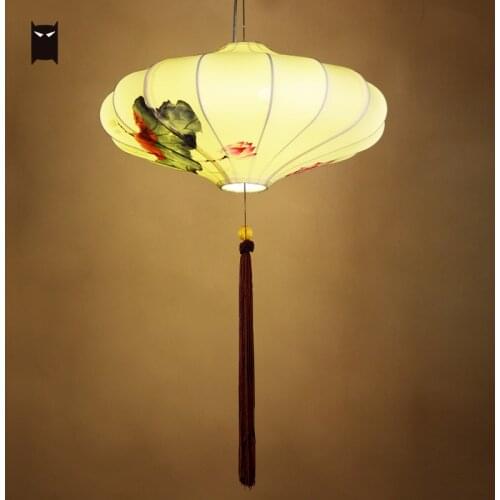 Hand Painted White Round Fabric Lantern Pendant Light Fixture Chinese Hanging Ceiling Lamp Restaurant Foyer Dining Table Room