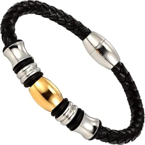 Simple Design Gold Color Bead Leather Bracelet For Men And Women Stainless Steel Top Quality Leather Jewelry Gift Wholesale