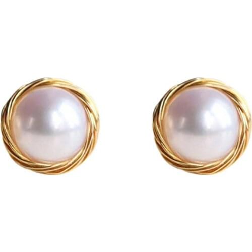 Hand wound Dong Qings same Earrings simple and compact, versatile Baroque freshwater pearl earrings womens 925 Sterling Silver