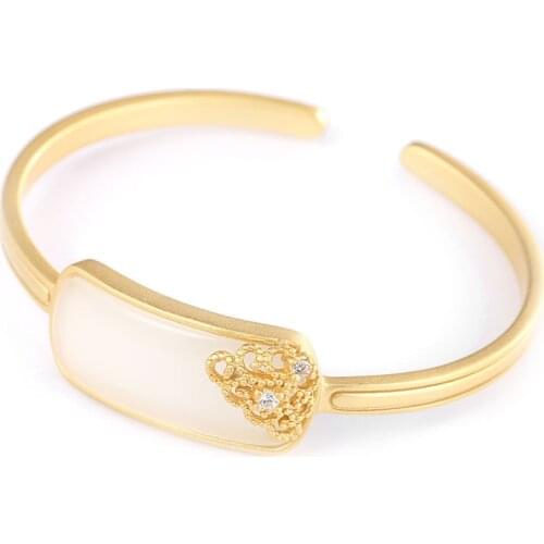 SA SILVERAGE S925 Sterling Silver Ladies Bracelet Hetian Jade Personalized Floret Zircon Joker Open Bracelet Bangles Designer