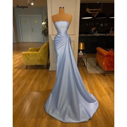 Light Blue Vestidos Mermaid Formal Dress Robe De Mariee Elegant Strapless Long Evening Dresses 2021 Real Photo Prom Party Gown
