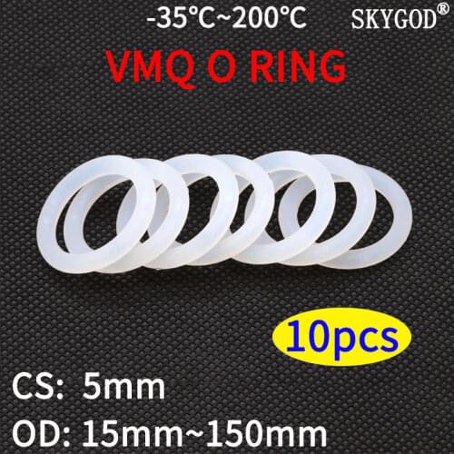 10pcs VMQ O Ring Seal Gasket CS 5mm OD 15 ~ 150mm Silicone Rubber Insulated Waterproof Washer Round Shape White Nontoxi