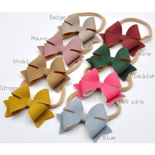 16pcs/lot Handmade Faux Leather Bow Hair Clips Infant Soft Nylon Bow Headband Baby Girl Hair Accessory