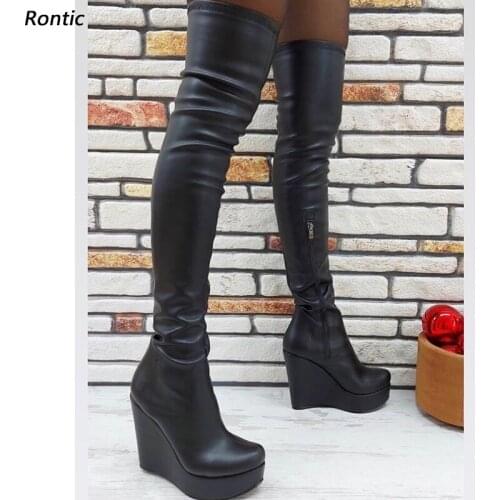 Rontic Women Winter Over The Knee Stretch Boots Platform Wedges Heels Round Toe Elegant Black Night Club Shoes US Size 5-20