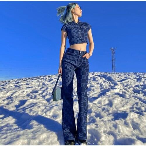 Kefira 2021 Print Floral Two Piece Sets Women Y2K High Waist Pants Crop Top Harajuku Outfits Summer Long Trousers E Girl Autumn