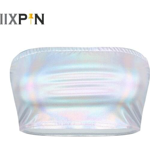 IIXPIN Women Pole Dance Costumes Bra Shiny Metallic Strapless Crop Tube Top No-Padded Wrapped Chest Rave Bandeau Bra Crop Top