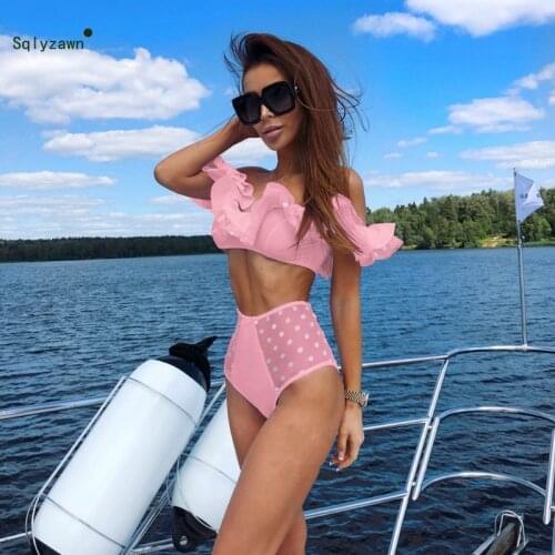 Women Summer Sexy 2 Piece Set Sweet Ruffle Off Shoulder Crop Top + Mesh Polka Dots Underwear Beach Outfit Swimming Matching Suit