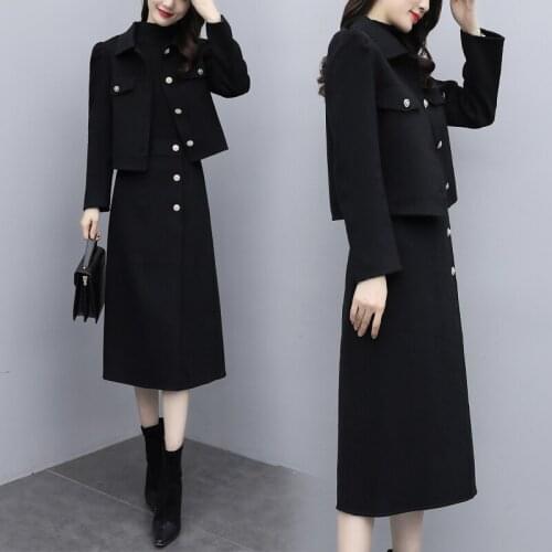 Womens Winter Casual Fashion Suit Woolen Coat + Mid-Length Skirt Pure Black Female 2-Piece Sets
