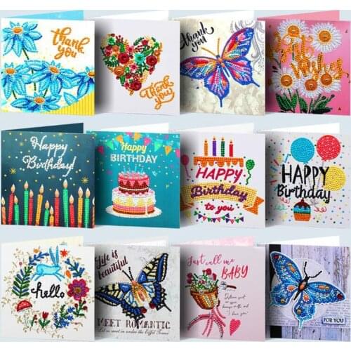 12 Pcs Diamond Painting Greeting Card Special Shape Diamond Embroidery Birthday Cards Flower butterfly Cards Cross Stitch Craft