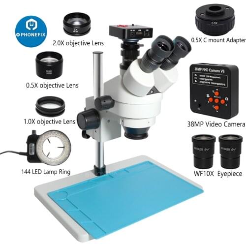 3.5X-90X Trinocular Stereo Zoom Big Table Stand Microscope WF10X 0.5X 2.0X Auxiliary Objective Lens for PCB Repair Tools Kit