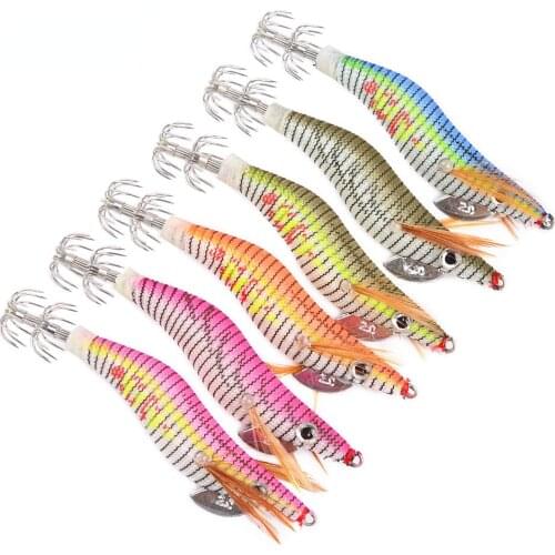 6pcs/set 5 Color Wooden Shrimp Bait 8cm/5.5g Luminous Wooden Shrimp Squid Needle 2.0#octopus Hook