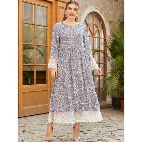 Lace Abaya Muslim Women Casual Dress Flower Printed Boho Kaftan Dubai Turkey Caftan Islamic Clothing Loose Robe Gown Plus Size
