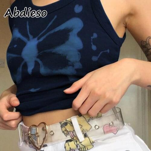 Abdieso Vintage Butterfly Print Y2K Crop Top Women Green 2021 Sleeveless Black 90s Harajuku Streetwear Summer Tank Tops Casual