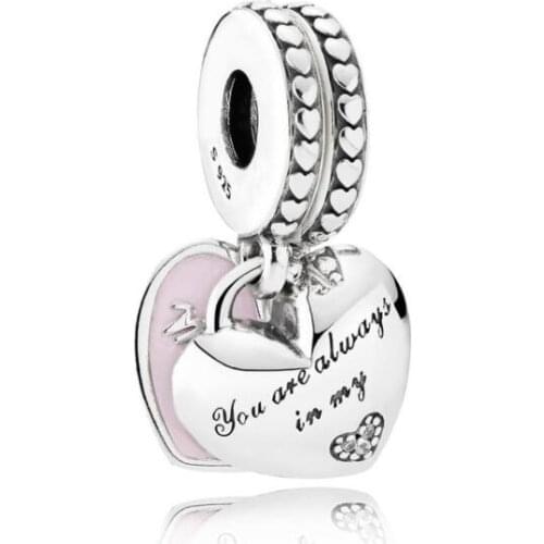 Genuine 925 Sterling Silver Charm Mother And Daughter Hearts With Crystal Beads Fit pandora Bracelet & Necklace DIY Jewelry