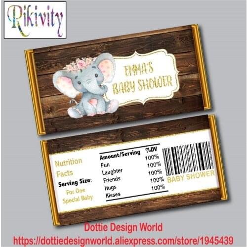 Elephant pink rose Wood Baby Shower Girl Hershey Chocolate Candy Bar Wrapper Wine Water bottle labels Birthday party decoration