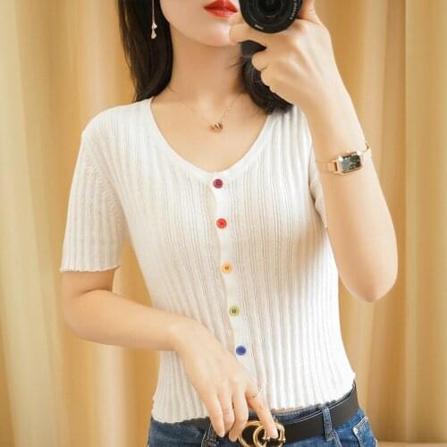Pure cotton T-shirt women 2021 summer color button V-neck cardigan short ladies tops solid color slim-fitting knit tees