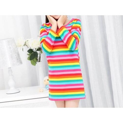 Summer long sleeve dress for kids Rainbow color stripe dress Colorful and fashionable Soft skinny dress