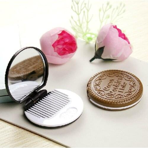 7PCS Fashion Chocolate Cookies Compact Pocket Mirror Cosmetic Mirror with Comb Makeup Accessories Dark Brown Light Brown