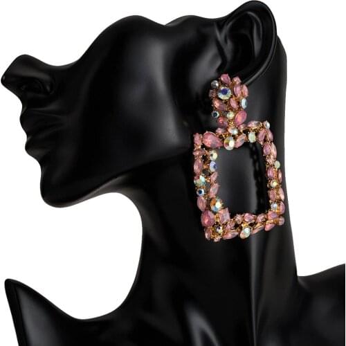 Fashion Bohemia Earring Colorful Rhinestone Hollow Square Charm Statement Stud Earrings for Women Wedding Party Jewelry Gift