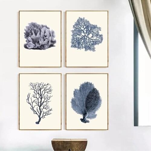Wall Art Abstract Vintage Navy Blue Coral Posters Prints Retro Nordic Canvas Paintings Living Room Bedroom Corridor Decoration