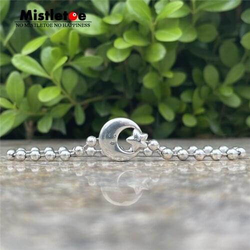 Mistletoe 925 Sterling Silver Cartoon Moon and Star Beaded Beads Chain Smiley Bracelet Jewelry Width 4.0mm