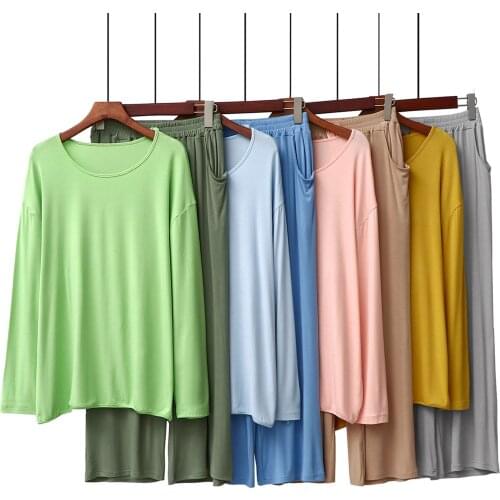 Pajamas Set Knitted Cotton Nightwear O Neck Loose Ladies Home Clothes Spring Autumn Pyjamas Women Lounge Wear Pijama Mujer