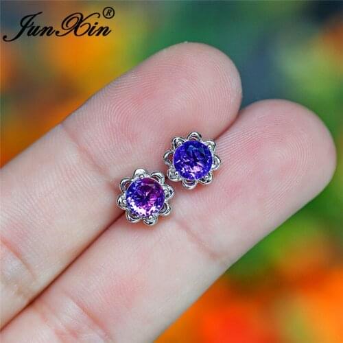 Rainbow Fire Crystal Flower Stud Earrings Silver Color Purple Red Green Zircon Stone Earrings For Women Wedding Earrings CZ