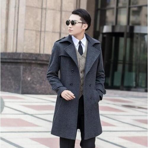 Grey commercial wool coat men fit slim mens pea coat woolen fashion 2020 autumn handsome coats cashmere plus size S - 8XL 9XL