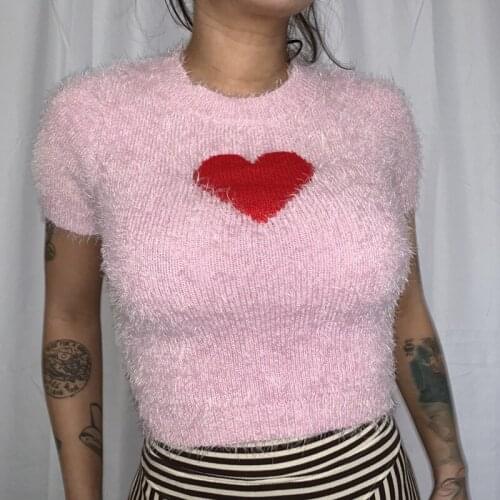 URIFENS Knit Cute Tops 2021 Summer New Care Machine Pink Love Short Sweater Top Women Casual Tight Short Sleeve Jumper BN97U