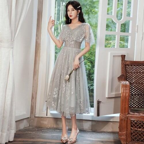 Ruffles Short Sleeves Evening Dresses V-Neck Plus size A-line Tea-length Beading Bling Elegant New Woman Formal Party Dress A246