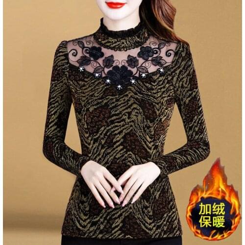 Women 2021 Autumn Winter M-5XL Clothes New Female Plus Size Shirt Slim Long-sleeved Lace Tops Patchwork Lady Slim Blouses X226