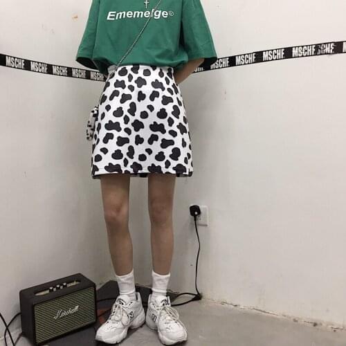 2020 New womens Korean of Harajuku style cow printing skirt elastic waist half female women chiffon floral cover ups
