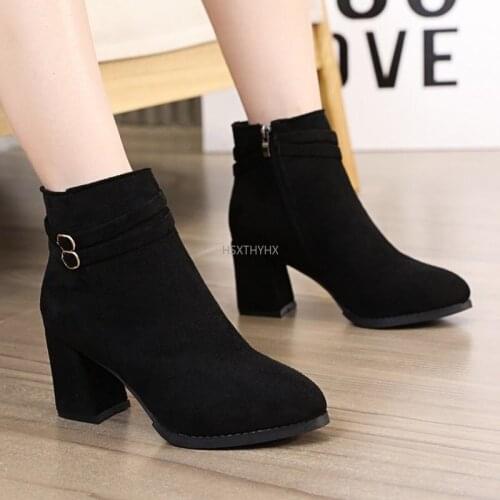 Retro Women Warm Velvet Womens Boots Vintage Block Heel Ankle Boots Side Zipper High Heels Women Shoes Big Sizes 35-39