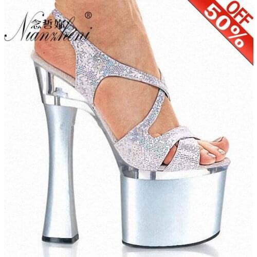 18cm Womens Plus Size Glitter Comfortable 18cm High Heel Shoes Sandals Spool Heels 7 Inch Model Nightclub High Heels