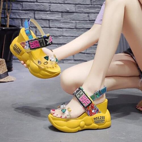 Wedge heel sandals women summer new 2021 new transparent rhinestones inner height platform shoes
