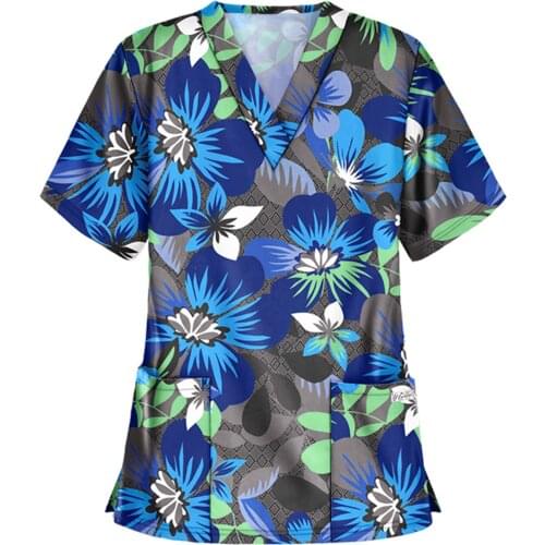 40# Women Florak T-shirts Top Pockets Short Sleeve V-neck Tops Working Uniform T-shirts Work Nurse Uniform Clothing T-shirt Top