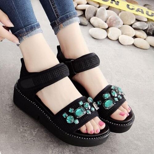 Muffin female sandals summer 2019 new casual Korean version of the rhinestones wild slope with thick sandals women